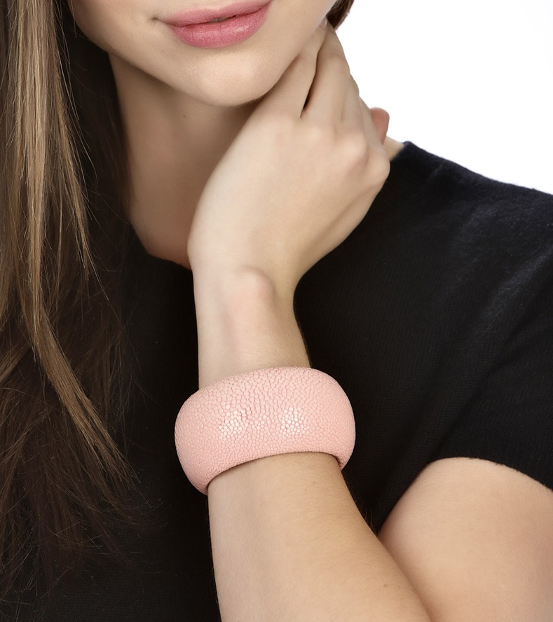 Woman Wearing Thailand Soft Pink Leather Bracelet