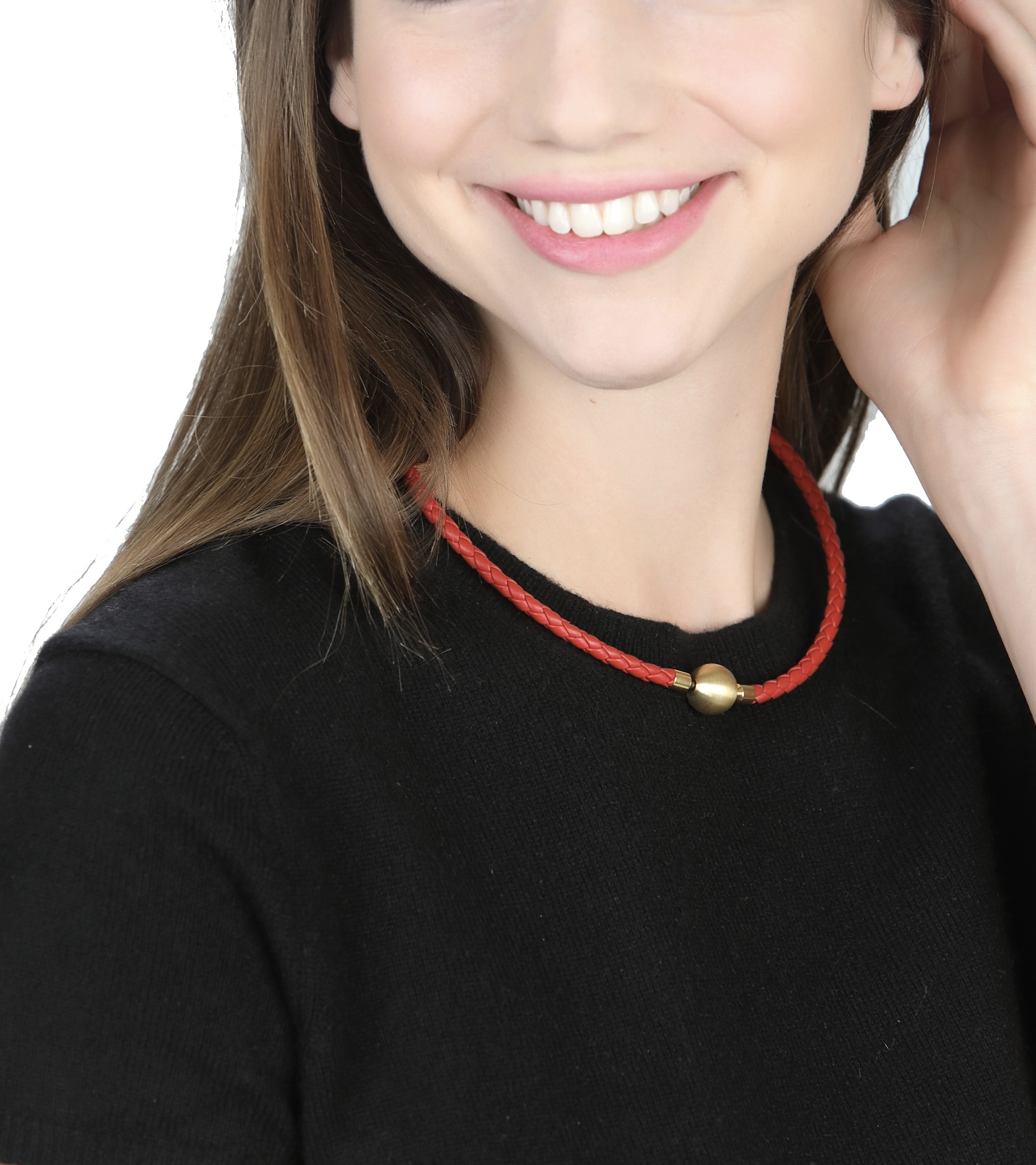 Woman Wearing Red Braided Leather Necklace
