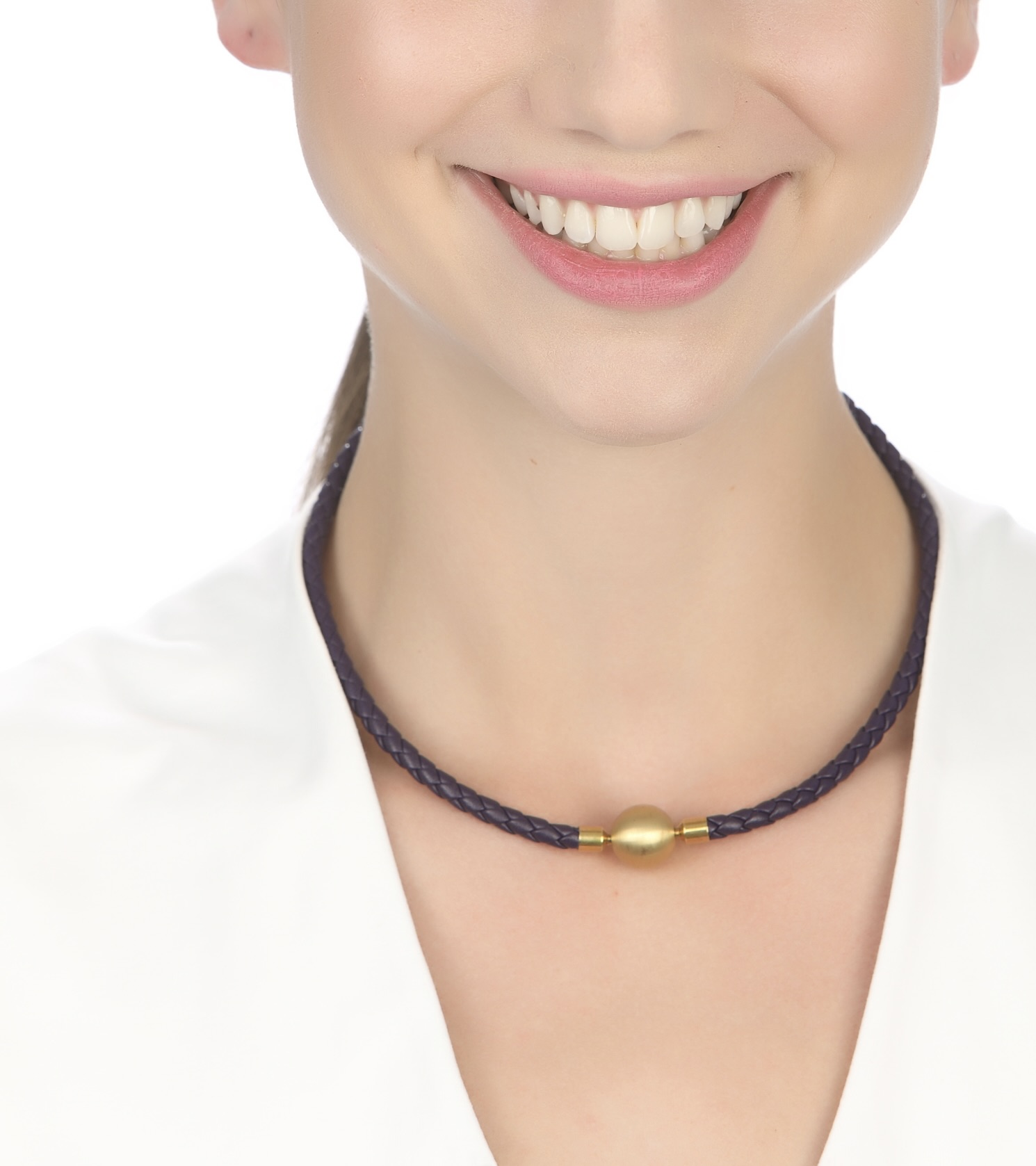 Woman Wearing Purple Braided Leather Necklace from Germany