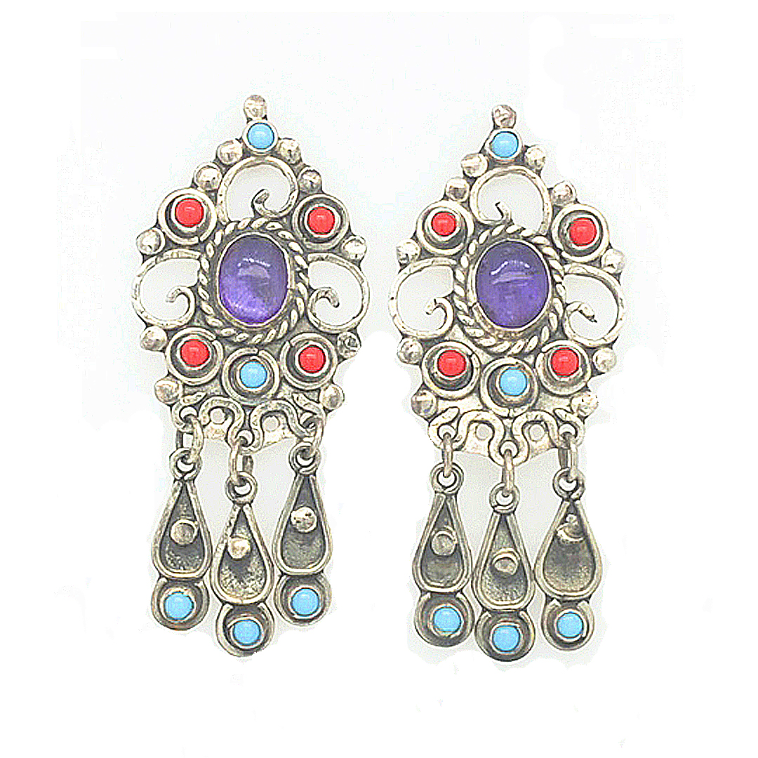 Putting on Turquoise Coral and Amethyst Earrings