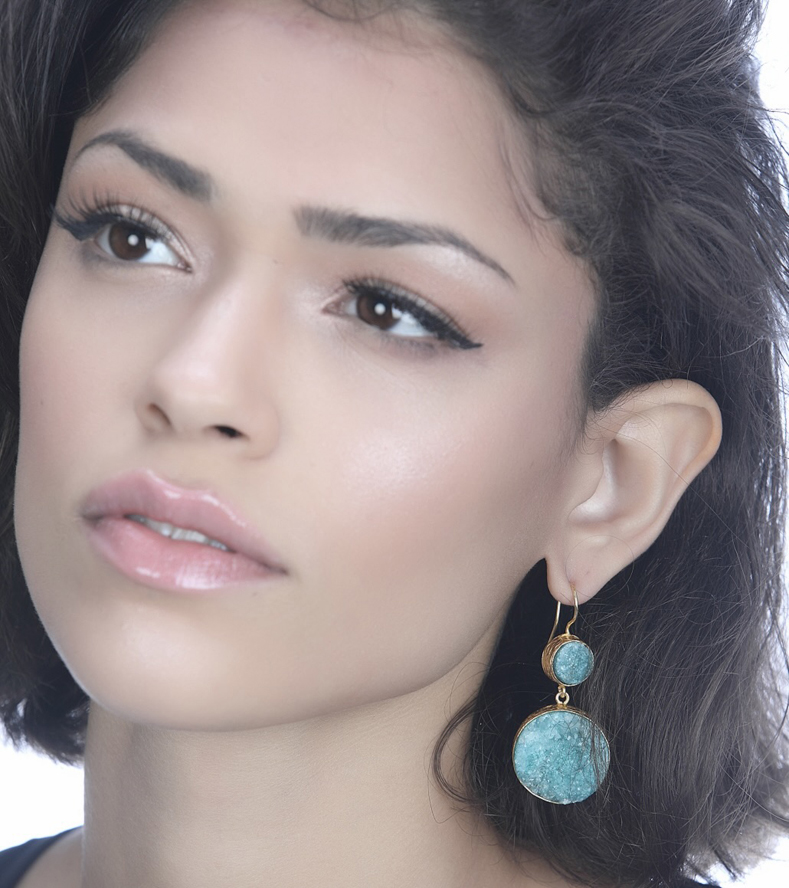 Woman Wearing Turkish Green Druzy Earrings