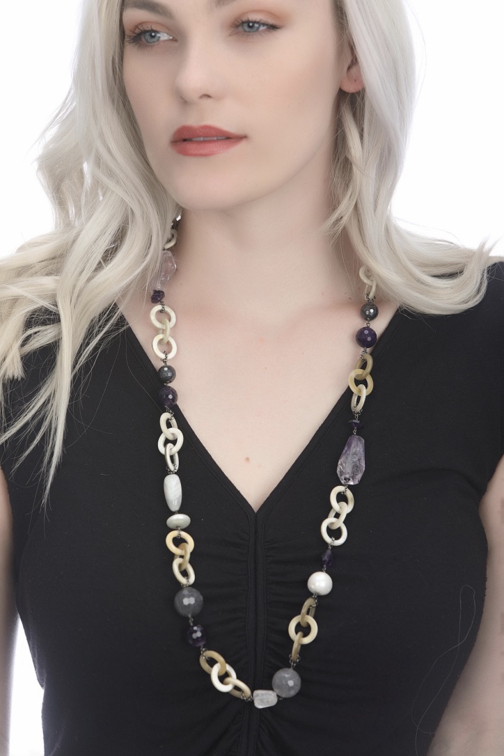 Woman Wearing Festive Amlé Italian Amethyst Necklace