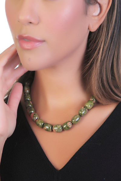 Woman Wearing Experience the Calm of Green Unakite Necklace