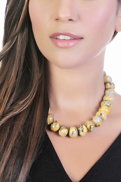 Woman Wearing Bumblebee Jasper Necklace