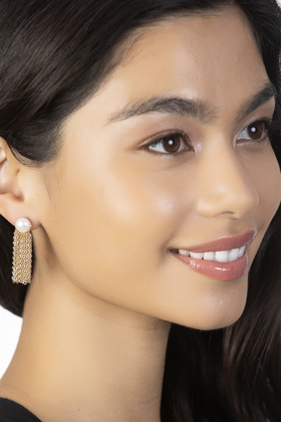 Woman Wearing French Pearl Earrings
