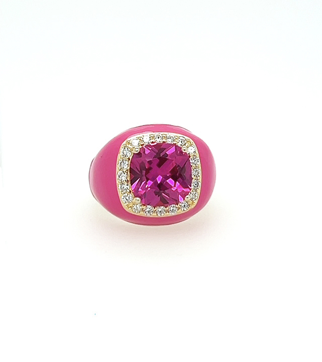 Bright Pink Enamel and Stone Ring
