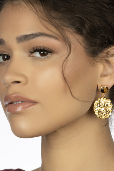 Woman Wearing Tiger's Eye Gold Turkish Earrings