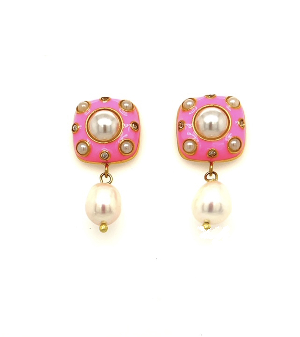 Pink Enamel and Pearl Earrings