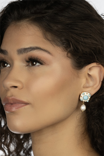 Woman Wearing Soft Blue and White Enamel Turkish Earrings