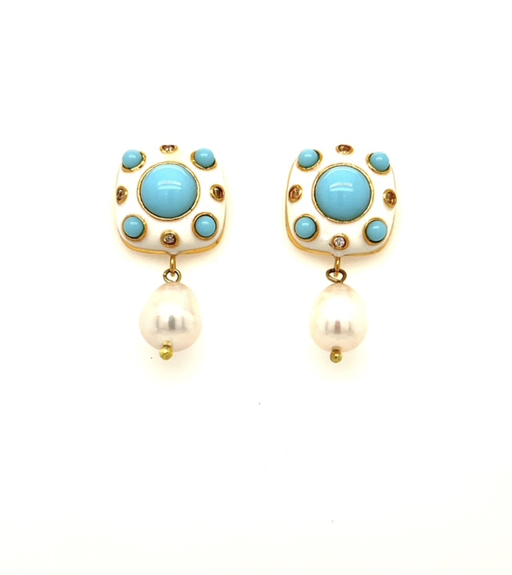 Soft Blue and White Enamel Turkish Earrings