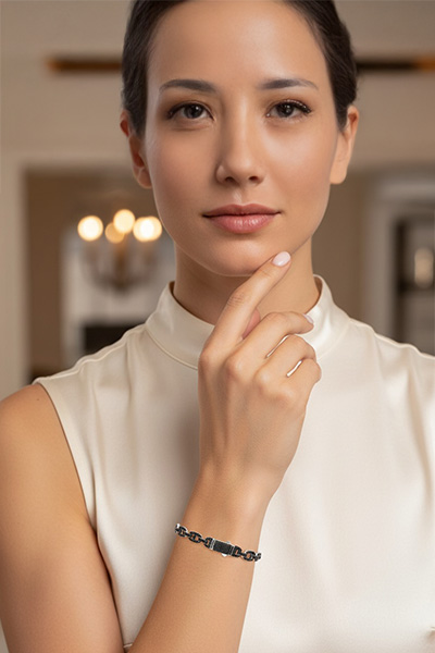 Woman Wearing Black Onyx Link Bracelet