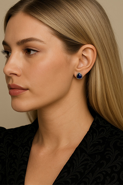 Woman Wearing Bali Lapis Lazuli and Sterling Silver Earrings