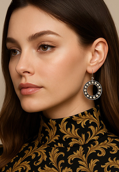 Circled Black and Sterling Silver Hoop Earrings - Image 2