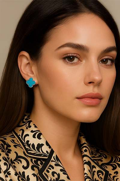 Woman Wearing Amazonite Quatrefoil Earrings