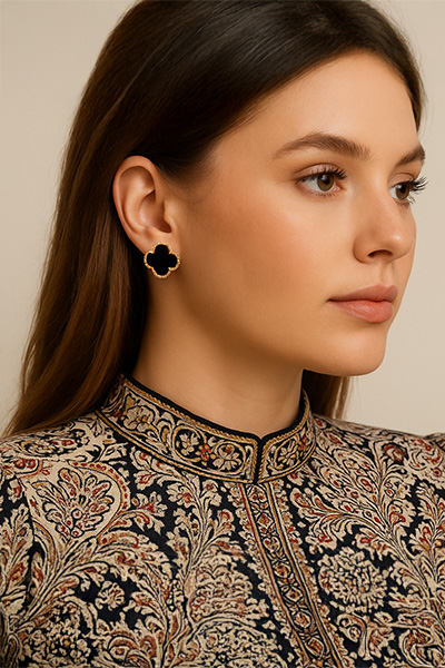 Black Onyx Quatrefoil and Gold Earrings - Image 2