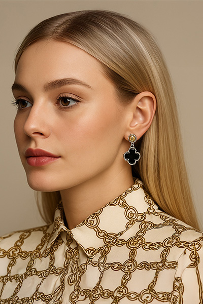 Hanging Black Onyx Quatrefoil Earrings - Image 2