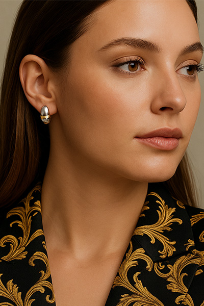 Woman Wearing Sterling Silver and Yellow Gold marry in Hinged Hoops