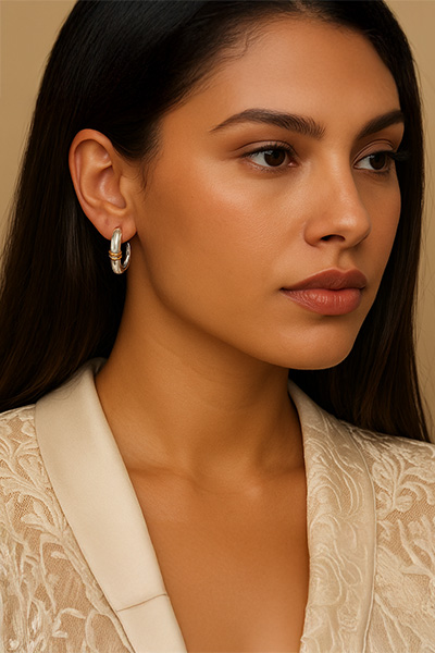 Woman Wearing Larger Sterling Silver and Yellow Gold Hinged Hoops