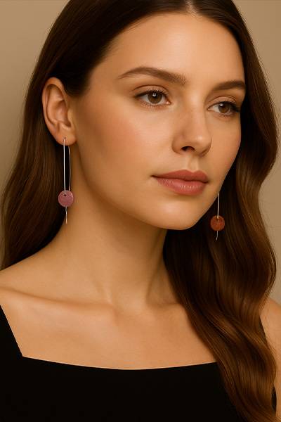 Woman Wearing Norwegian Thulite Earrings with over-sized fish hook backs