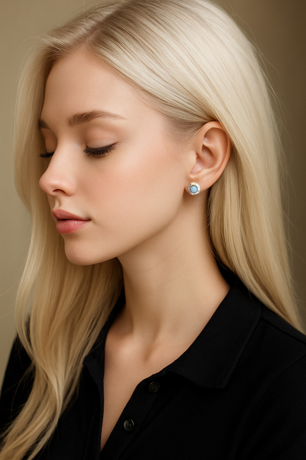 Woman Wearing Swedish Blue Brag Stone and Sterling Silver Post Earrings