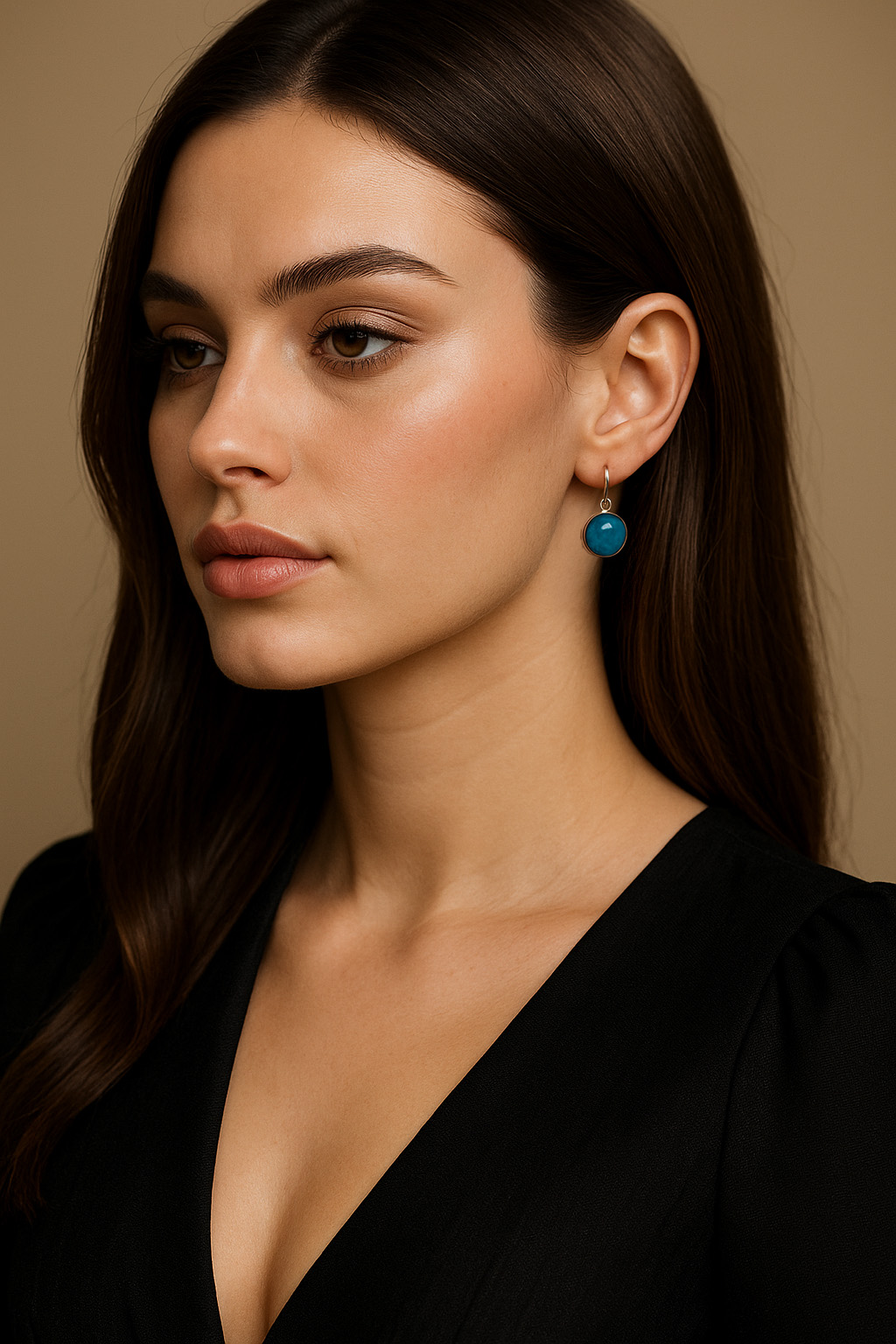 Woman Wearing Swedish Blue Brag Stone Earrings with a Fish Hook Back