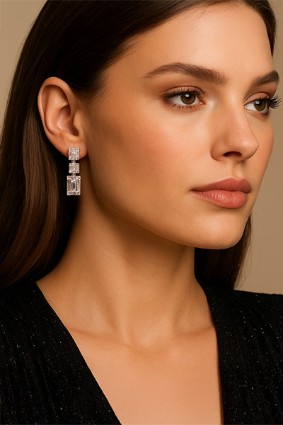 Woman Wearing Three-tiered Diamond-like Sterling Silver Earrings