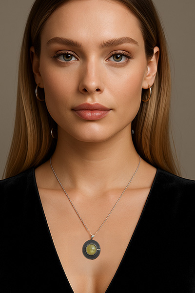 Woman Wearing Green Serpentine Norwegian Necklace