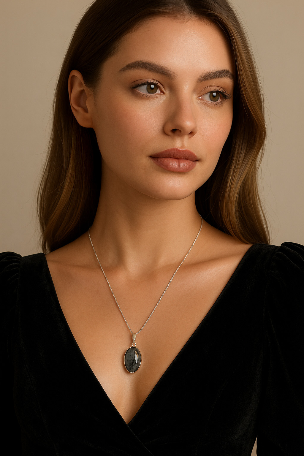 Woman Wearing Swedish Hematite Adjustable Necklace