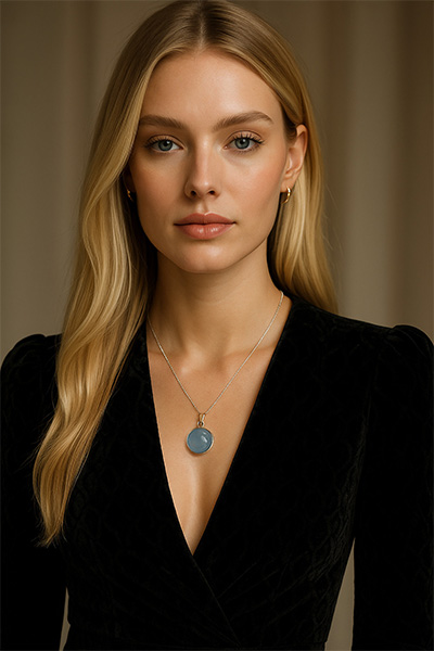 Woman Wearing Blue Brag Stone Pendant on Sterling Silver Necklace