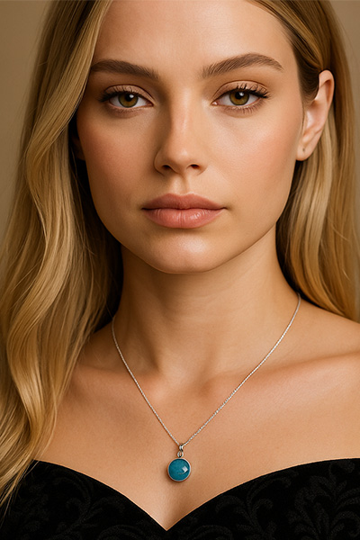 Woman Wearing Blue Brag Stone Pendant on Sterling Silver Box Chain