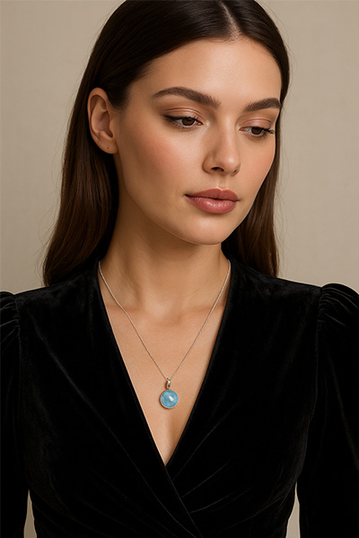 Woman Wearing Swedish Blue Brag Stone Pendant with an adjustable Box Chain