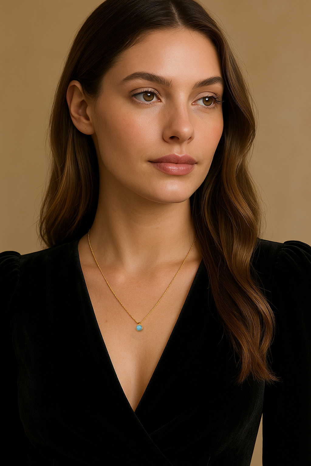 Woman Wearing Gold Swedish Brag Stone Pendant with a Gold Chain