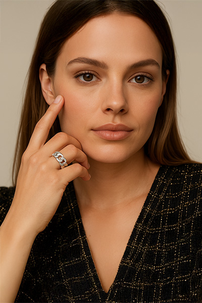Woman Wearing Cabled Bali Sterling Silver Ring