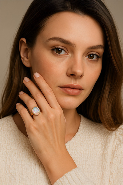 Woman Wearing Oval Opal and Sterling Ring