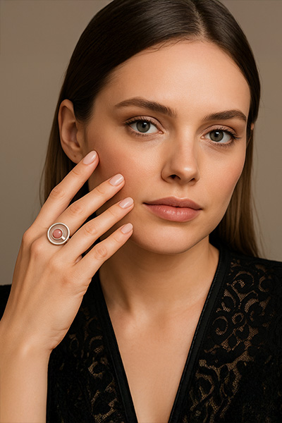 Woman Wearing Pink Thulite Norwegian Ring