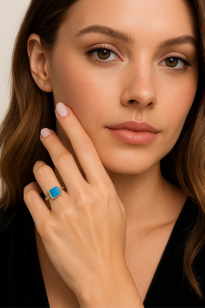 Woman Wearing Blue Brag Stone Ring with Sterling Silver from Sweden