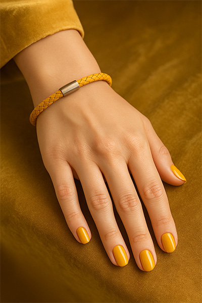 Female Hand Wearing Mustard Yellow German Bracelet