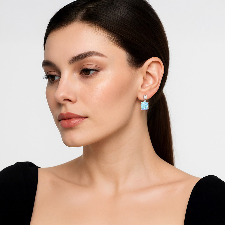 Woman Wearing Baby Blue Zircon French Earrings