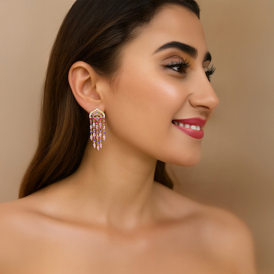 Woman Wearing Zircon stones of various colors in French Earrings