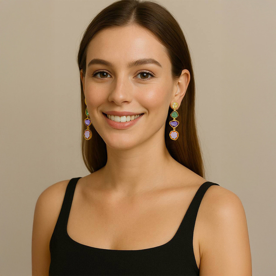 Woman Wearing Cascading Natural Stone Earrings