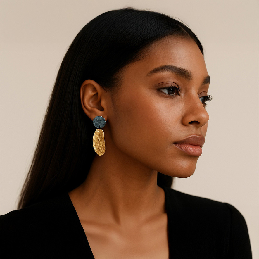 Woman Wearing Gold and Black in Sterling Silver Dutch Earrings