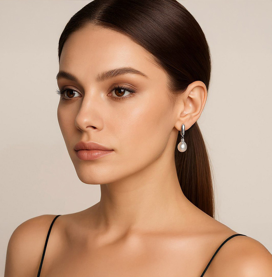 Woman Wearing Pearl Drop Earrings