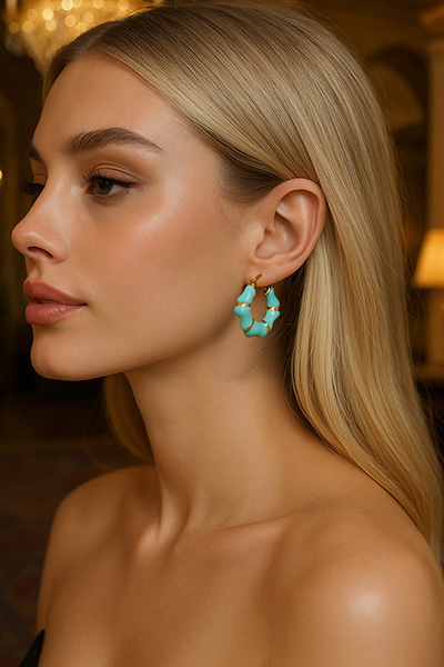 Woman Wearing Mint Green Bamboo Italian Earrings