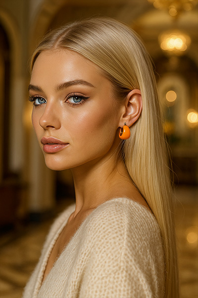 Woman Wearing Orange Italian Enamel Hoop Earrings