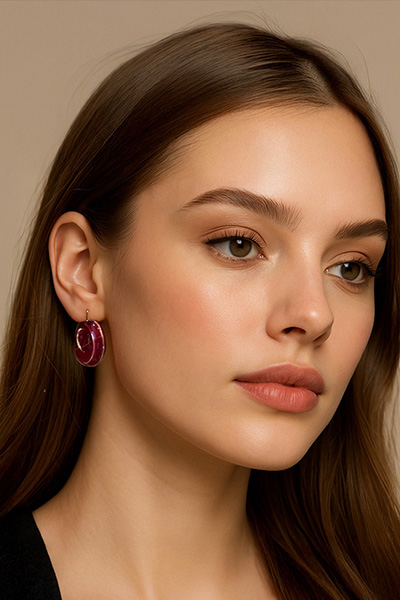 Woman Wearing Burgundy Enamel Italian Hoop Earrings