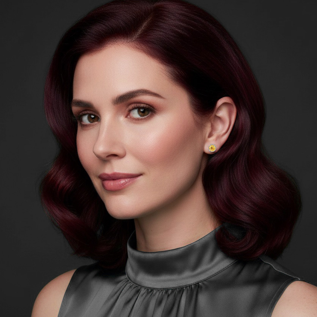 Woman Wearing Citrine and Diamond Studs