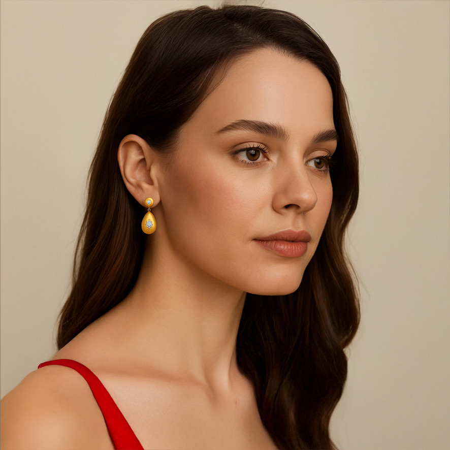 Woman Wearing Gold tear drop Italian inspired Earrings