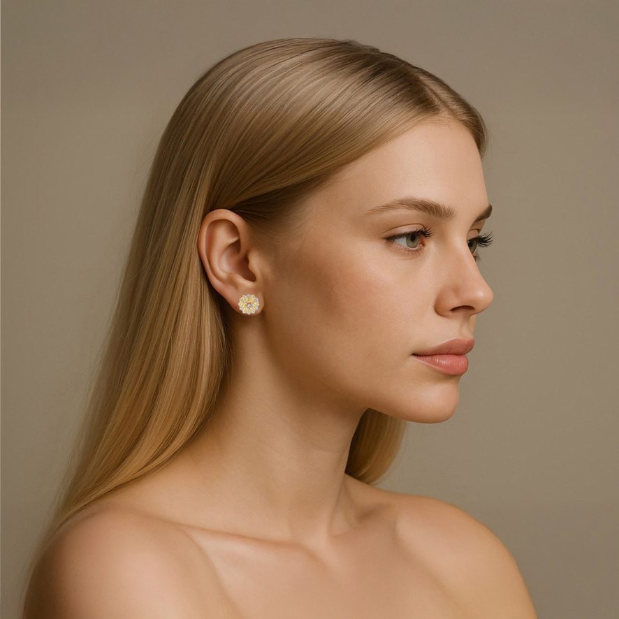 Woman Wearing Petals in Gold and Silver Italian inspired Earrings