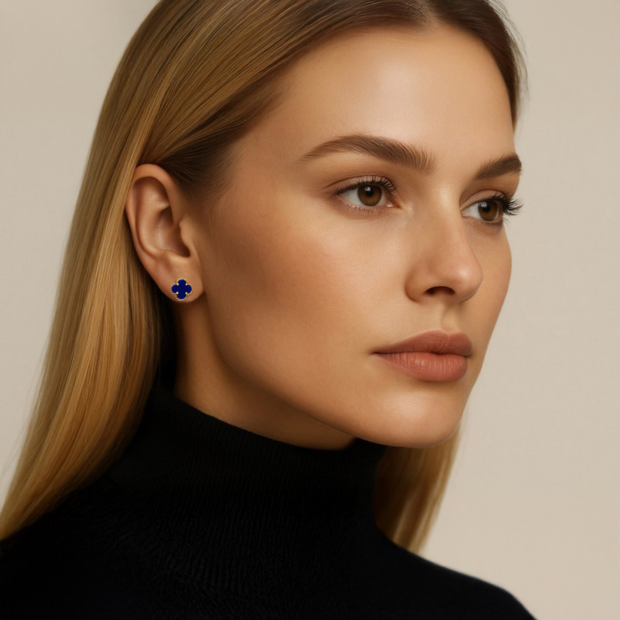 Woman Wearing Lapis Lazuli Quatrefoil Earrings