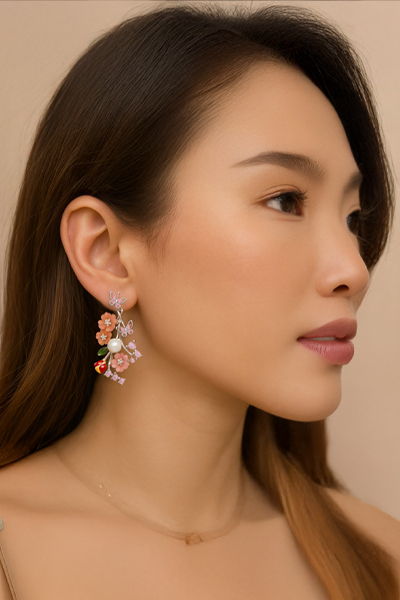 Woman Wearing Flower Garden in French Earrings